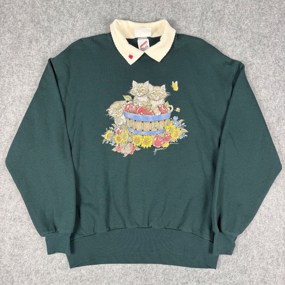 Morning Sun Jerzees Cat Apple Sweatshirt Womens Large L Green Knit Collar Vtg